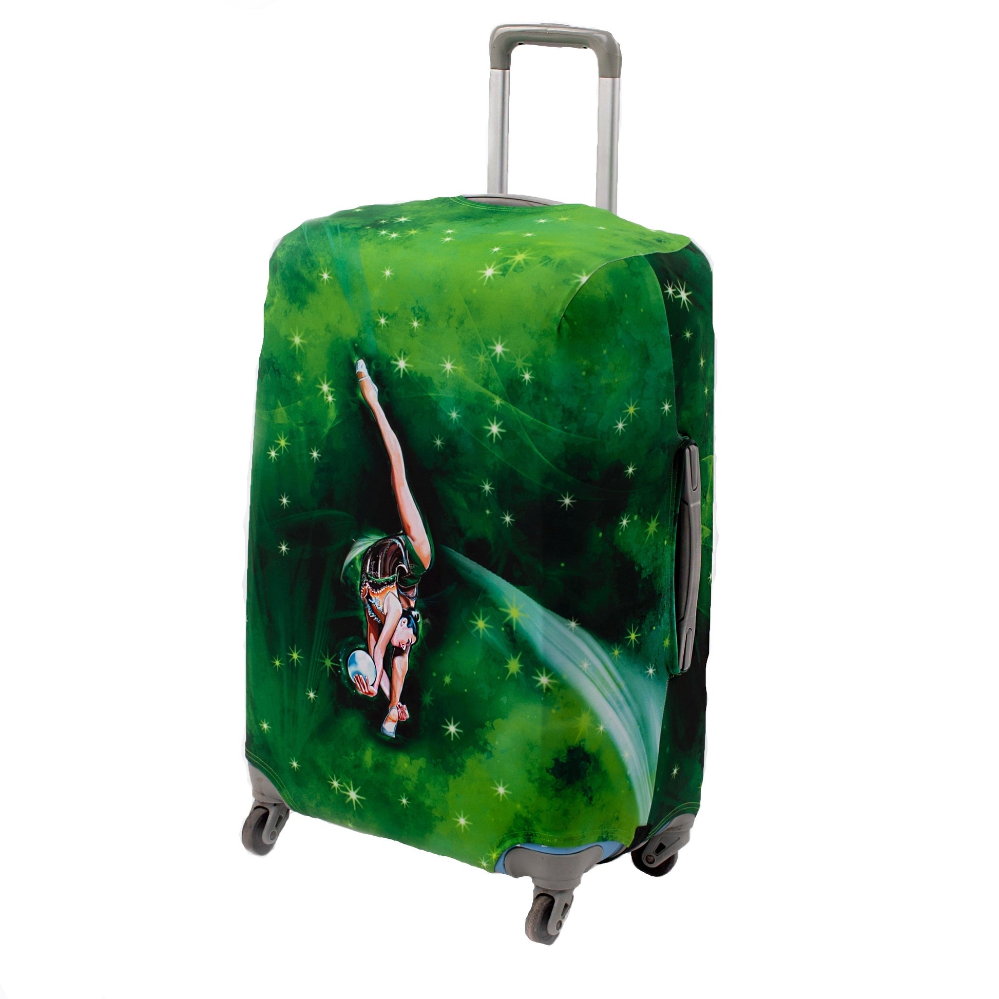 green luggage cover with gymnast print