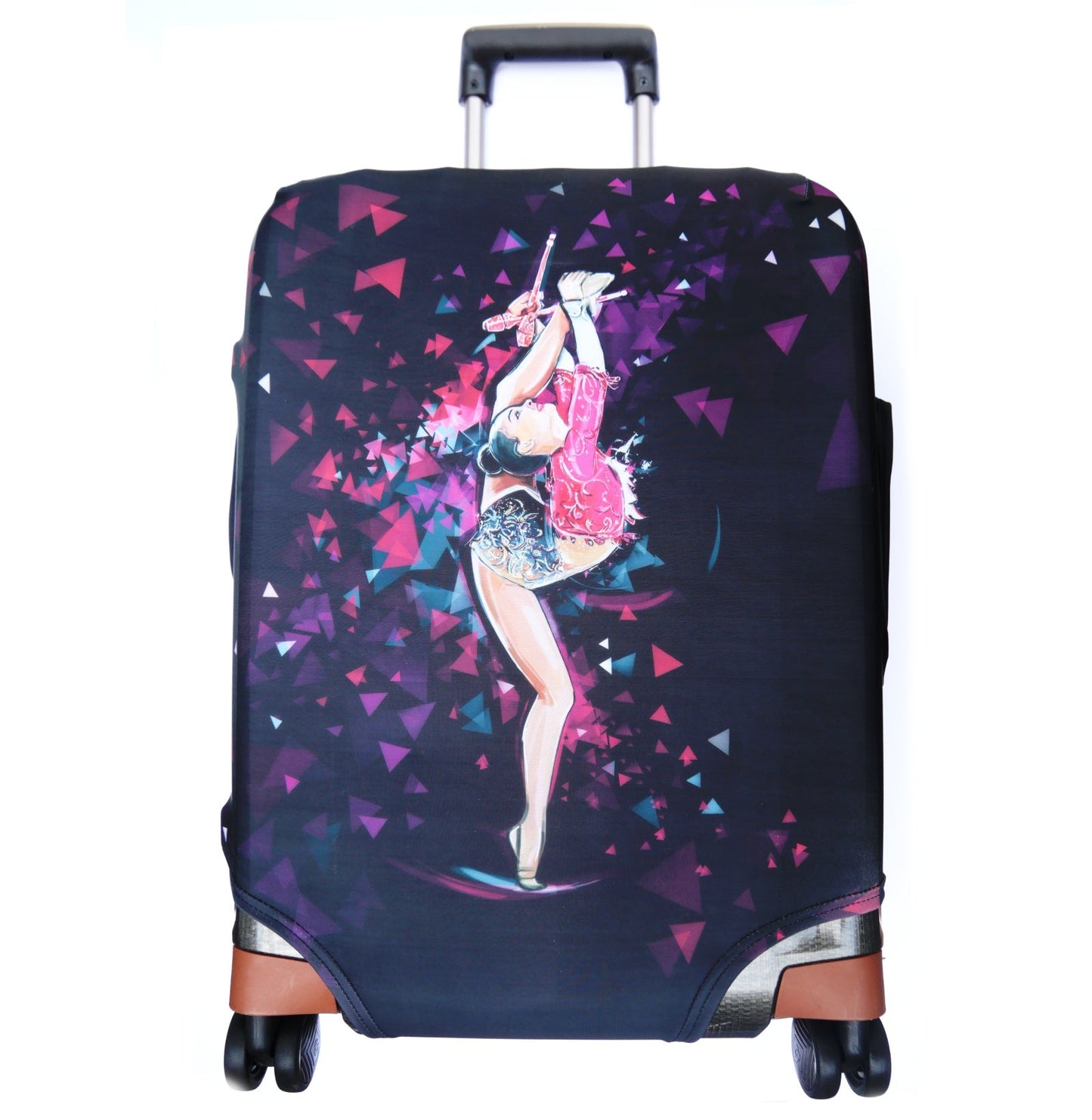 black luggage cover with gymnast print